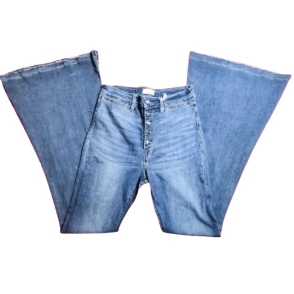 Pink Lily Women's Flare Jeans Size 9 Button Fly Stretch Denim Distressed Hem